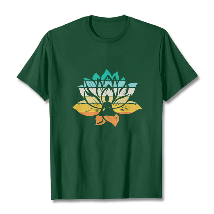 Buddha Stones Gradient-colored Lotus Flower Buddha Meditation Cotton Tee T-shirt - ForestGreen - 2XL - image 10