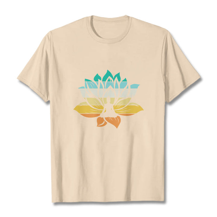 Buddha Stones Gradient-colored Lotus Flower Buddha Meditation Cotton Tee T-shirt - Bisque - 2XL - image 8