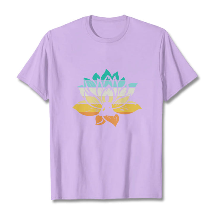 Buddha Stones Gradient-colored Lotus Flower Buddha Meditation Cotton Tee T-shirt - Plum - 2XL - image 16