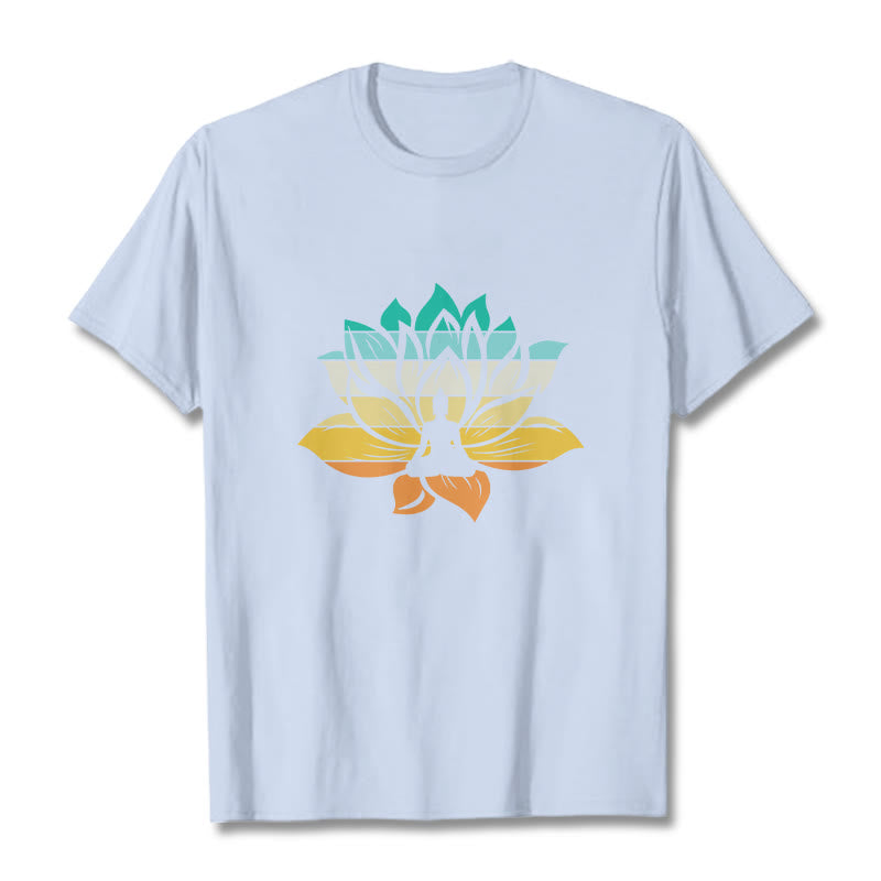Buddha Stones Gradient-colored Lotus Flower Buddha Meditation Cotton Tee T-shirt - LightCyan - 2XL - image 18