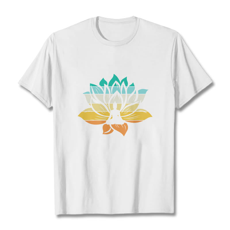 Buddha Stones Gradient-colored Lotus Flower Buddha Meditation Cotton Tee T-shirt - White - 2XL - image 5