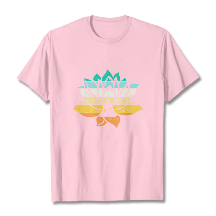 Buddha Stones Gradient-colored Lotus Flower Buddha Meditation Cotton Tee T-shirt - LightPink - 2XL - image 12