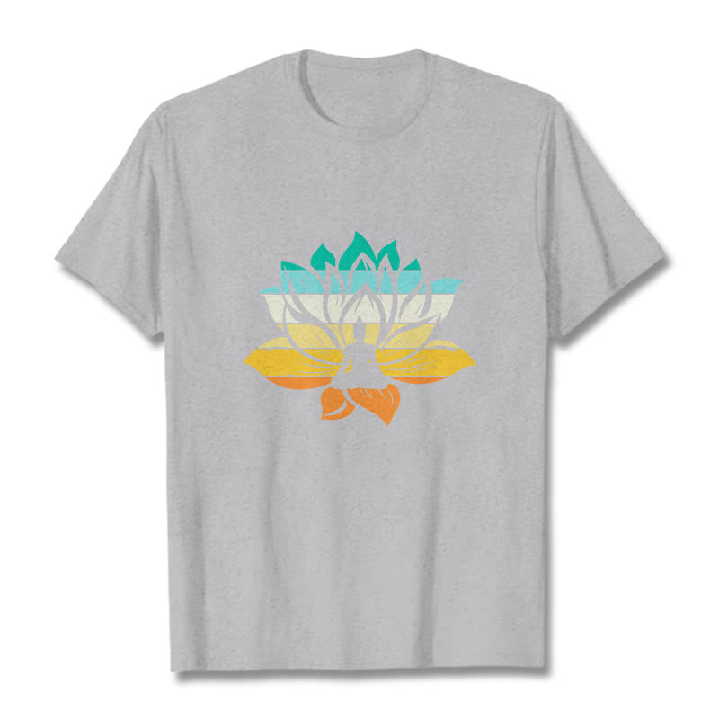 Buddha Stones Gradient-colored Lotus Flower Buddha Meditation Cotton Tee T-shirt - LightGrey - 2XL - image 19