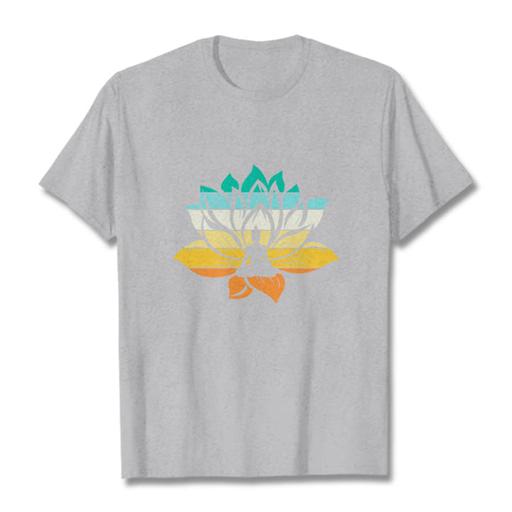 Buddha Stones Gradient-colored Lotus Flower Buddha Meditation Cotton Tee T-shirt - LightGrey - 2XL - image 19