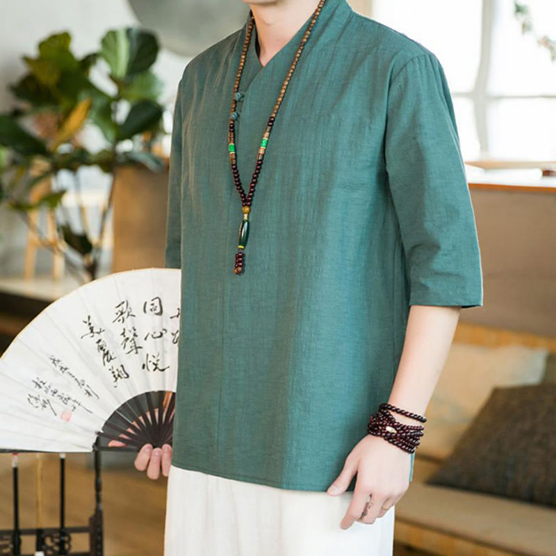 Buddha Stones Summer Vintage Solid Color Frog-Button Design Men's Cotton Three Quarter Sleeve Shirt - DarkCyan - US/UK/AU46,EU56 (5XL) - image 0