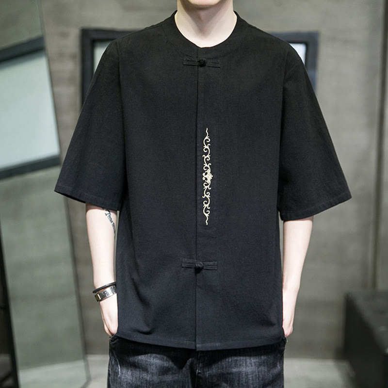 Buddha Stones Casual Solid Color Frog-Button Embroidery Men's Cotton Linen Shirt Cardigan - Black - US/UK/AU46,EU56 (5XL) - image 17