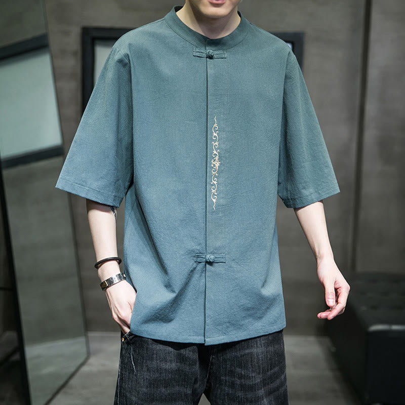 Buddha Stones Casual Solid Color Frog-Button Embroidery Men's Cotton Linen Shirt Cardigan - CadetBlue - US/UK/AU46,EU56 (5XL) - image 0