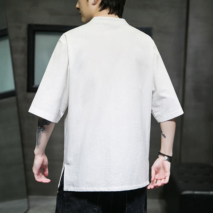 Buddha Stones Casual Solid Color Frog-Button Embroidery Men's Cotton Linen Shirt Cardigan - image 26