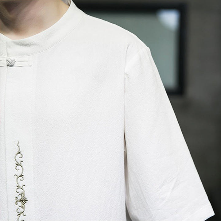 Buddha Stones Casual Solid Color Frog-Button Embroidery Men's Cotton Linen Shirt Cardigan - image 29