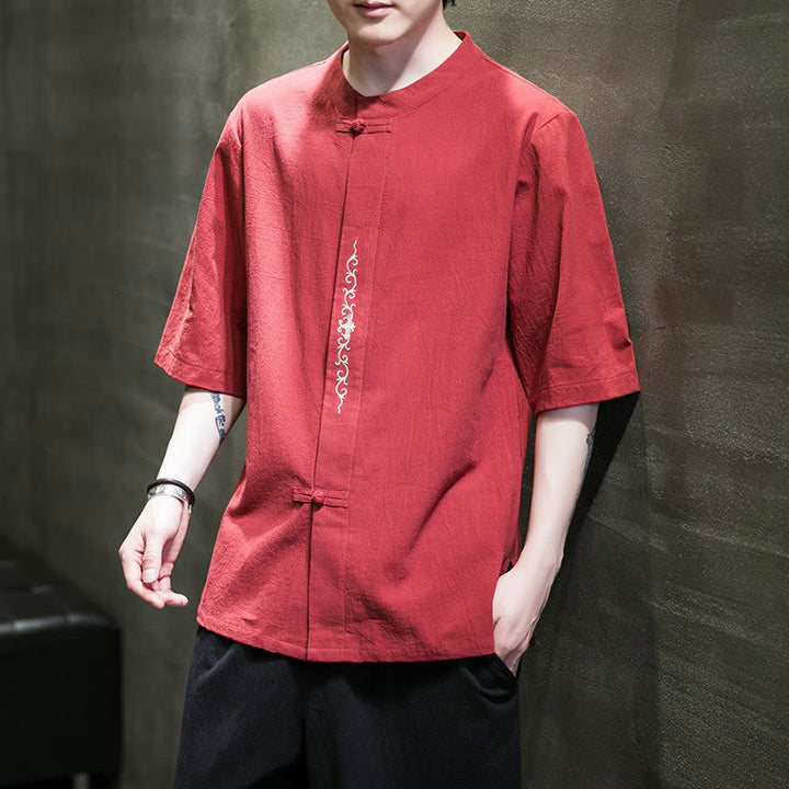 Buddha Stones Casual Solid Color Frog-Button Embroidery Men's Cotton Linen Shirt Cardigan - Red - US/UK/AU46,EU56 (5XL) - image 9