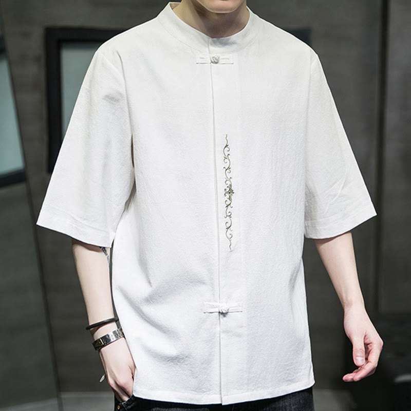 Buddha Stones Casual Solid Color Frog-Button Embroidery Men's Cotton Linen Shirt Cardigan - image 28