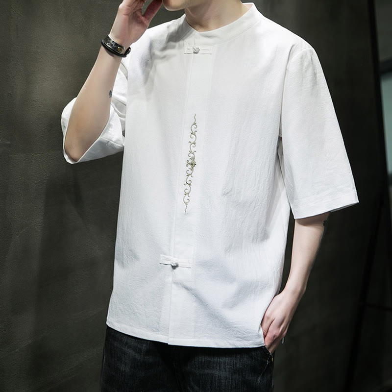 Buddha Stones Casual Solid Color Frog-Button Embroidery Men's Cotton Linen Shirt Cardigan - image 27