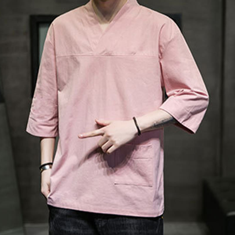 Buddha Stones Summer Casual Simple V-Neck Design Men's Cotton Linen Three Quarter Sleeve T-Shirt With Front Pocket - image 14