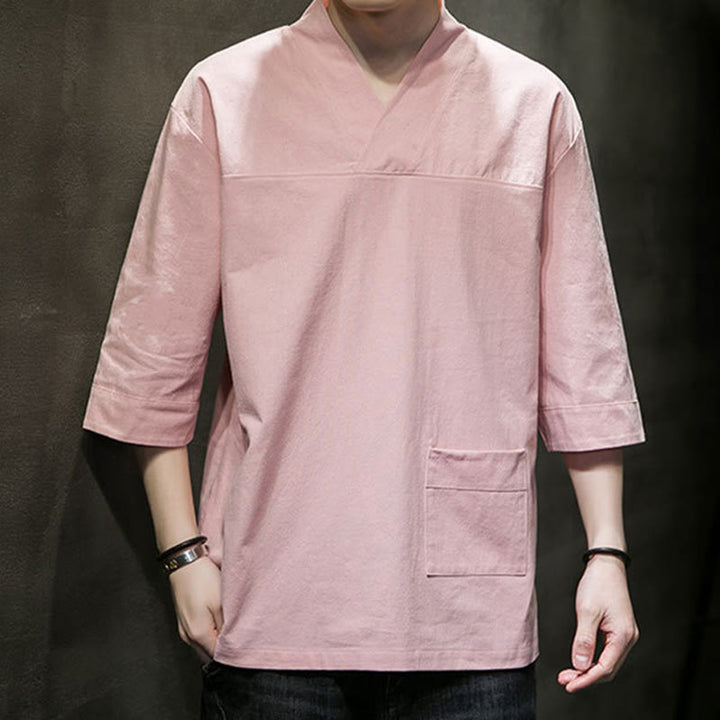 Buddha Stones Summer Casual Simple V-Neck Design Men's Cotton Linen Three Quarter Sleeve T-Shirt With Front Pocket - image 15