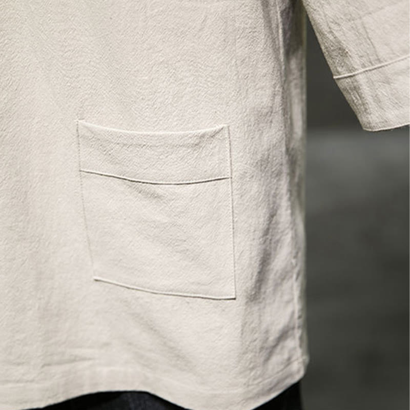 Buddha Stones Summer Casual Simple V-Neck Design Men's Cotton Linen Three Quarter Sleeve T-Shirt With Front Pocket - image 7