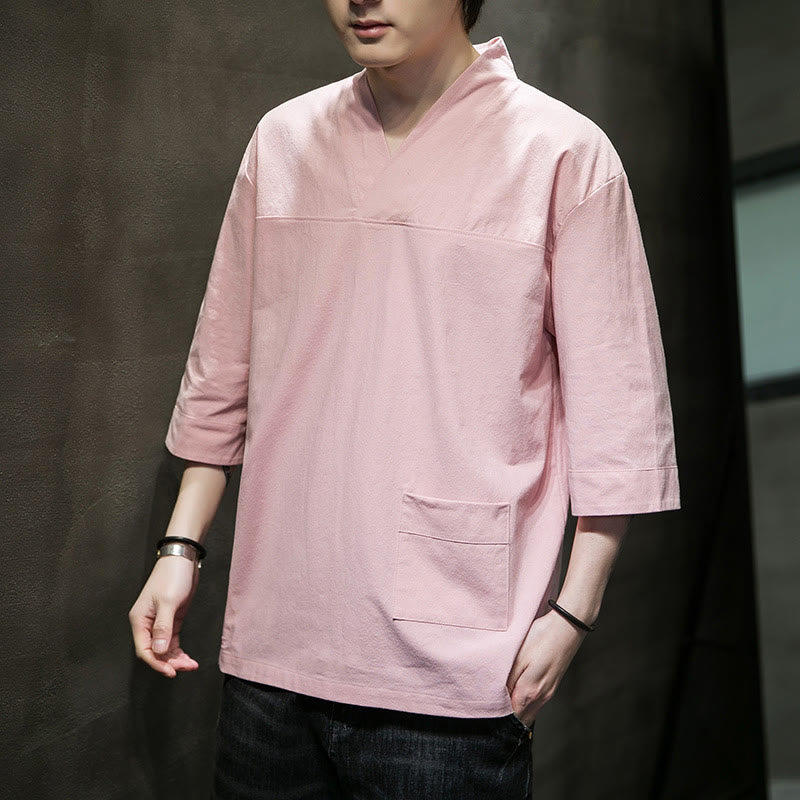 Buddha Stones Summer Casual Simple V-Neck Design Men's Cotton Linen Three Quarter Sleeve T-Shirt With Front Pocket - Pink - US/UK/AU46,EU56 (5XL) - image 9