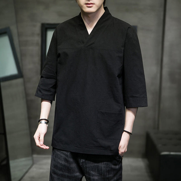 Buddha Stones Summer Casual Simple V-Neck Design Men's Cotton Linen Three Quarter Sleeve T-Shirt With Front Pocket - Black - US/UK/AU46,EU56 (5XL) - image 16