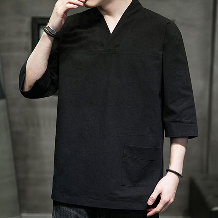 Buddha Stones Summer Casual Simple V-Neck Design Men's Cotton Linen Three Quarter Sleeve T-Shirt With Front Pocket - image 22