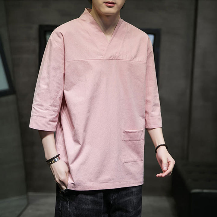 Buddha Stones Summer Casual Simple V-Neck Design Men's Cotton Linen Three Quarter Sleeve T-Shirt With Front Pocket - image 11