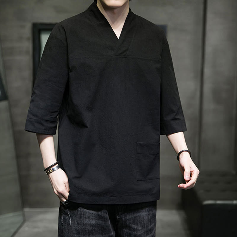 Buddha Stones Summer Casual Simple V-Neck Design Men's Cotton Linen Three Quarter Sleeve T-Shirt With Front Pocket - image 21