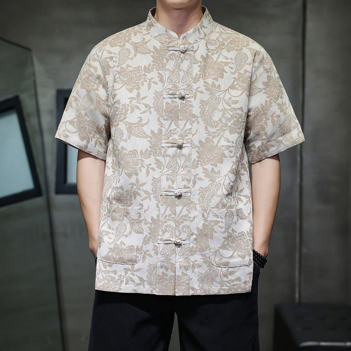 Buddha Stones Casual Jacquard Paisley Flower Plant Pattern Frog-Button Design Men's Cotton Shirt Cardigan With Pockets - Tan - US/UK/AU44,EU54 (4XL) - image 9