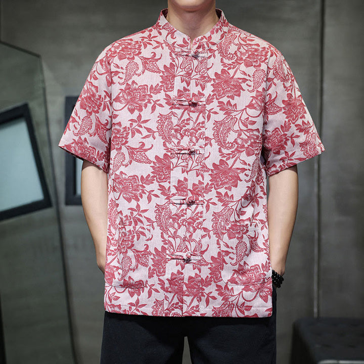 Buddha Stones Casual Jacquard Paisley Flower Plant Pattern Frog-Button Design Men's Cotton Shirt Cardigan With Pockets - PaleVioletRed - US/UK/AU44,EU54 (4XL) - image 0