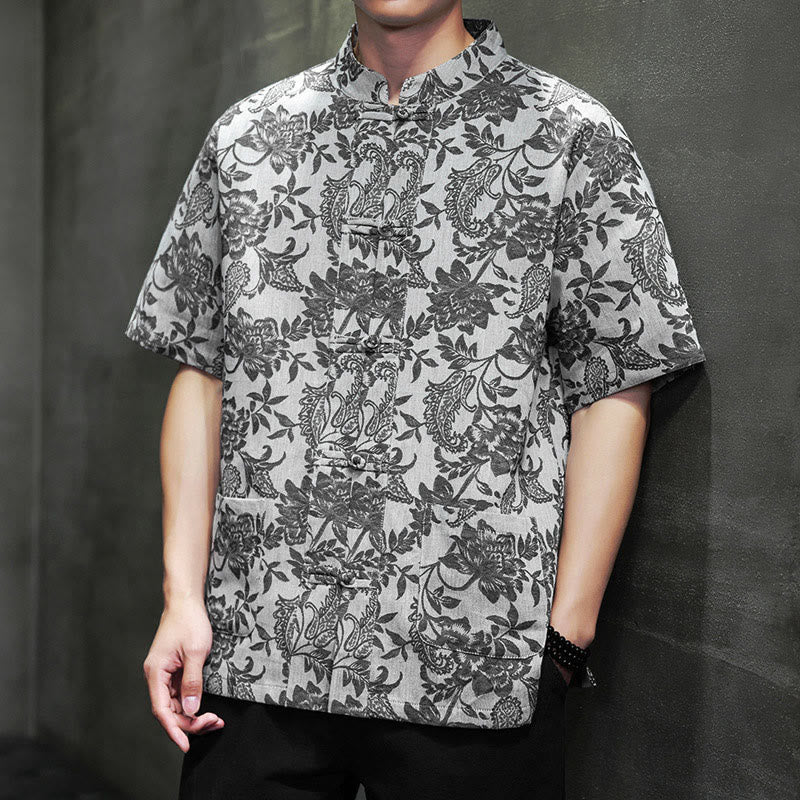 Buddha Stones Casual Jacquard Paisley Flower Plant Pattern Frog-Button Design Men's Cotton Shirt Cardigan With Pockets - DimGray - US/UK/AU44,EU54 (4XL) - image 21