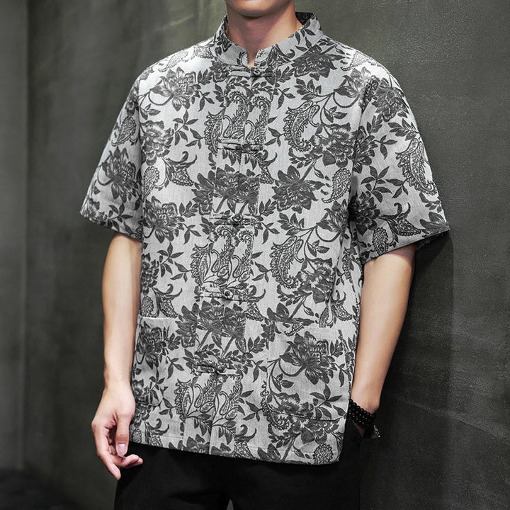 Buddha Stones Casual Jacquard Paisley Flower Plant Pattern Frog-Button Design Men's Cotton Shirt Cardigan With Pockets - DimGray - US/UK/AU44,EU54 (4XL) - image 21