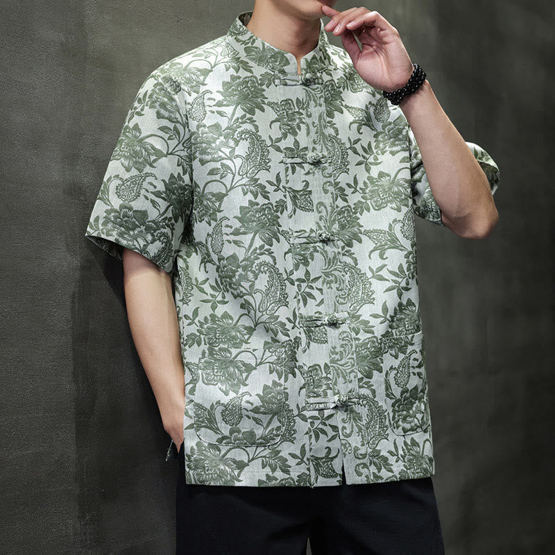 Buddha Stones Casual Jacquard Paisley Flower Plant Pattern Frog-Button Design Men's Cotton Shirt Cardigan With Pockets - MediumSeaGreen - US/UK/AU44,EU54 (4XL) - image 29