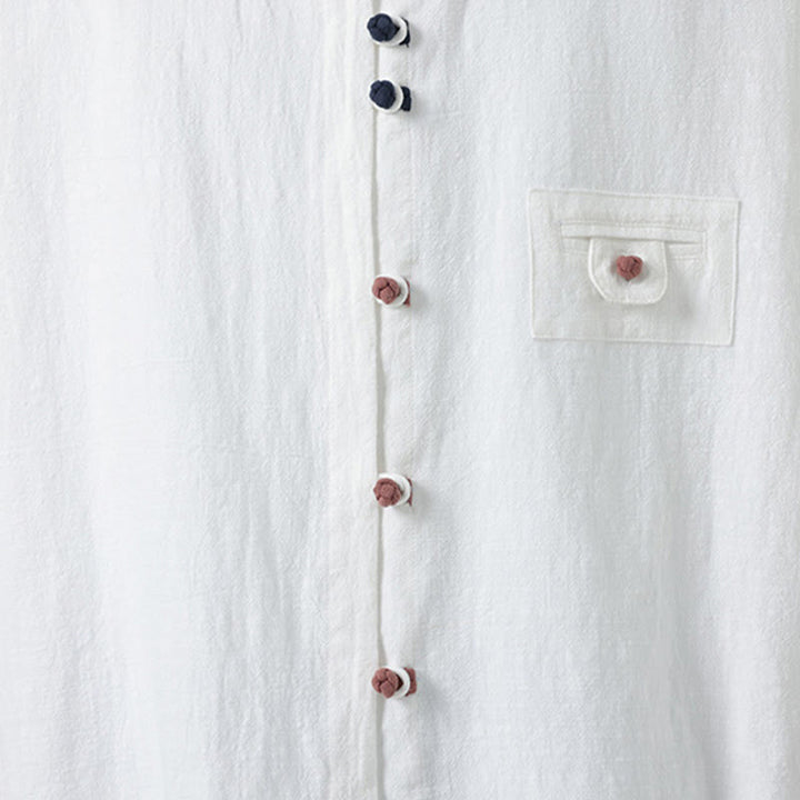 Buddha Stones Summer Frog-Button Front Stand Collar Men's Three Quarter Sleeve Cotton Shirt Cardigan With Pocket - image 7