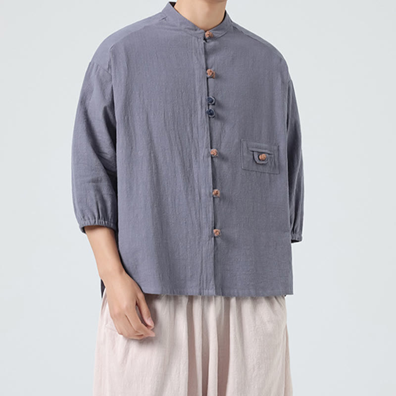 Buddha Stones Summer Frog-Button Front Stand Collar Men's Three Quarter Sleeve Cotton Shirt Cardigan With Pocket - LightSlateGray - US/UK/AU46,EU56 (5XL) - image 19