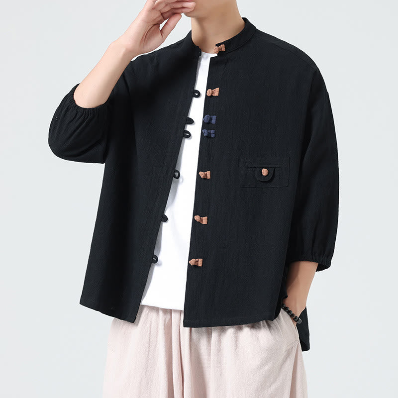 Buddha Stones Summer Frog-Button Front Stand Collar Men's Three Quarter Sleeve Cotton Shirt Cardigan With Pocket - Black - US/UK/AU46,EU56 (5XL) - image 9