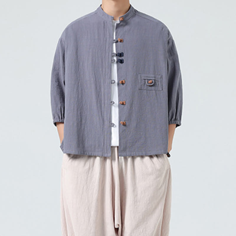 Buddha Stones Summer Frog-Button Front Stand Collar Men's Three Quarter Sleeve Cotton Shirt Cardigan With Pocket - image 24