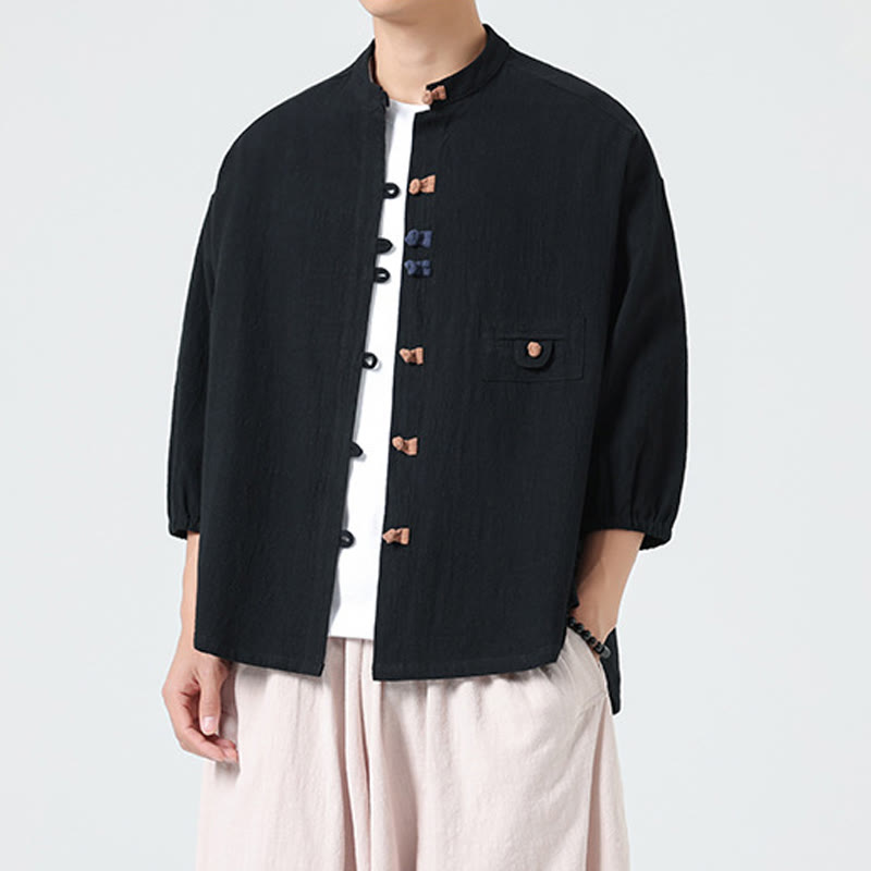 Buddha Stones Summer Frog-Button Front Stand Collar Men's Three Quarter Sleeve Cotton Shirt Cardigan With Pocket - image 10