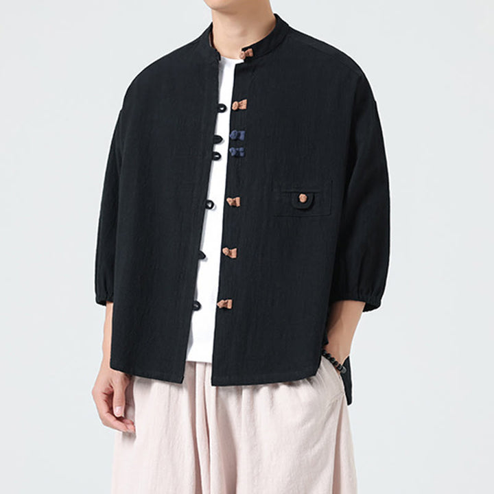 Buddha Stones Summer Frog-Button Front Stand Collar Men's Three Quarter Sleeve Cotton Shirt Cardigan With Pocket - image 10