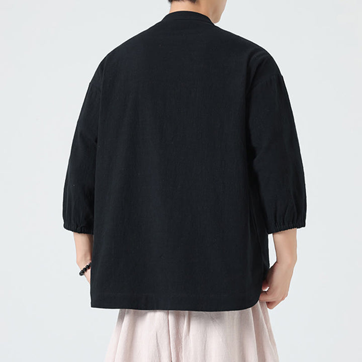 Buddha Stones Summer Frog-Button Front Stand Collar Men's Three Quarter Sleeve Cotton Shirt Cardigan With Pocket - image 15