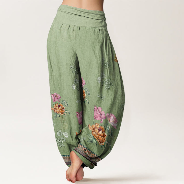 Buddha Stones Casual Plant Peony Petals Pattern Women's Elastic Waist Harem Pants - image 2