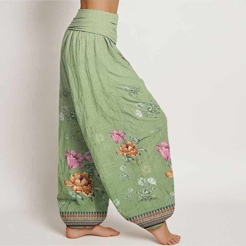 Buddha Stones Casual Plant Peony Petals Pattern Women's Elastic Waist Harem Pants - image 1