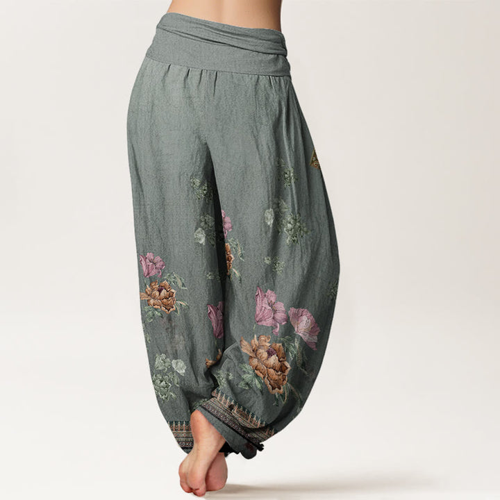 Buddha Stones Casual Plant Peony Petals Pattern Women's Elastic Waist Harem Pants - image 6