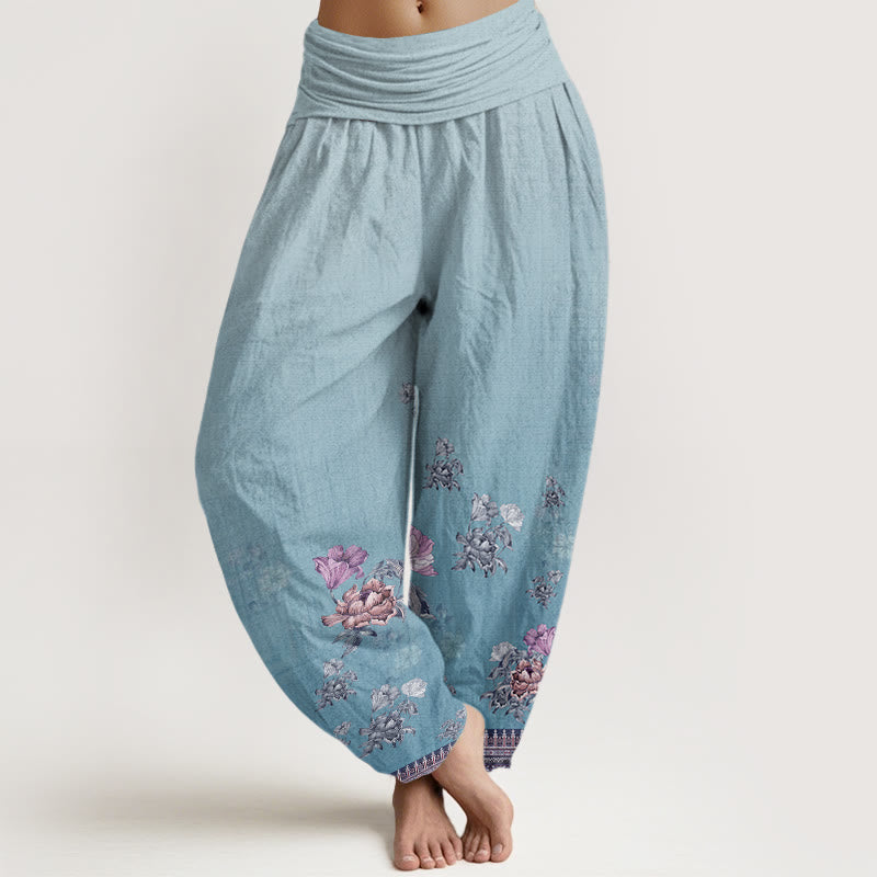 Buddha Stones Casual Plant Peony Petals Pattern Women's Elastic Waist Harem Pants - LightSkyBlue - US22,UK/AU26,EU54 (6XL) - image 7