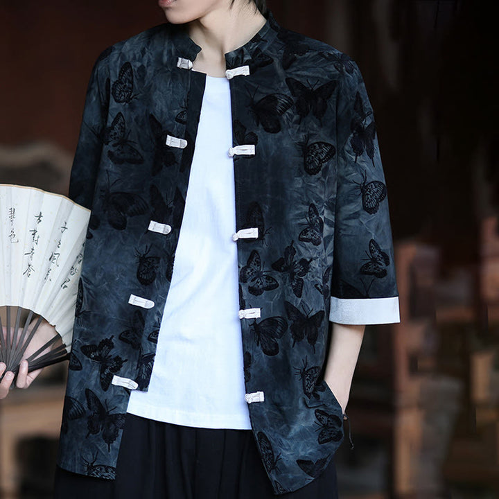 Buddha Stones Jacquard Butterfly Pattern White Frog-Button Design Stand Collar Men's Three Quarter Sleeve Cotton Shirt Cardigan - image 15