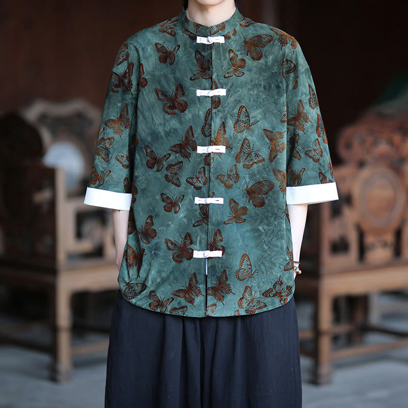 Buddha Stones Jacquard Butterfly Pattern White Frog-Button Design Stand Collar Men's Three Quarter Sleeve Cotton Shirt Cardigan - SeaGreen - US/UK/AU46,EU56 (5XL) - image 0