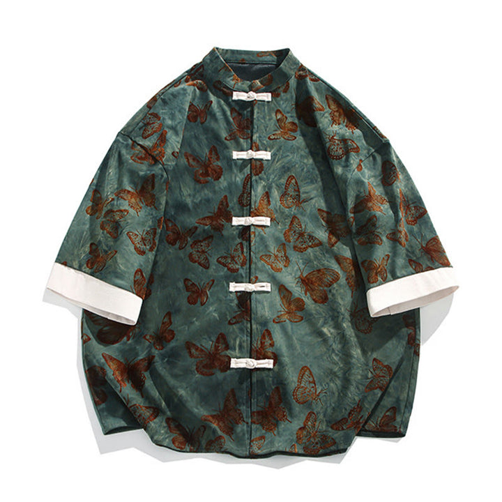 Buddha Stones Jacquard Butterfly Pattern White Frog-Button Design Stand Collar Men's Three Quarter Sleeve Cotton Shirt Cardigan - image 7