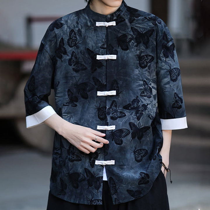 Buddha Stones Jacquard Butterfly Pattern White Frog-Button Design Stand Collar Men's Three Quarter Sleeve Cotton Shirt Cardigan - image 16