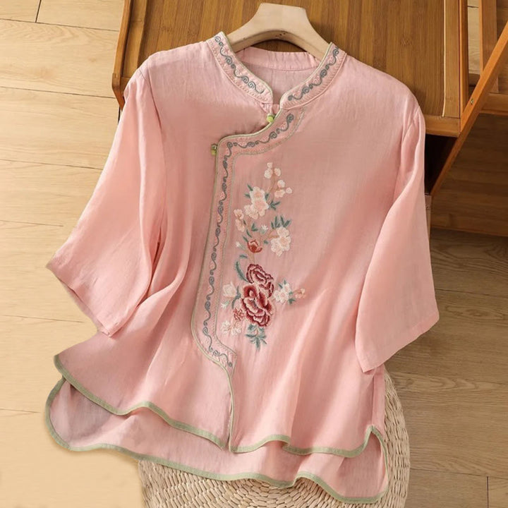 Buddha Stones Casual Ethnic Style Embroidery Flower Pattern Frog-Button Stand Collar Women's Cotton Linen Shirt - LightPink - US14,UK/AU18,EU46 (4XL) - image 2
