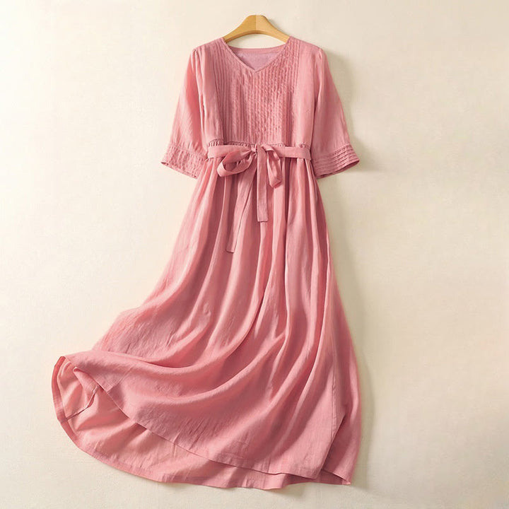 Buddha Stones Summer Short Sleeve Pleats Lace-up Cotton Linen Women's Midi Dress With Pockets - MistyRose - US8-10,UK/AU12-14,EU40-42 (2XL) - image 0