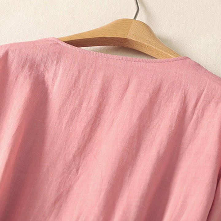 Buddha Stones Summer Short Sleeve Pleats Lace-up Cotton Linen Women's Midi Dress With Pockets - image 3