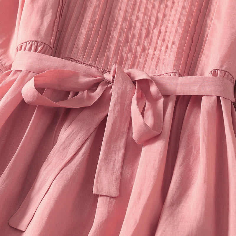 Buddha Stones Summer Short Sleeve Pleats Lace-up Cotton Linen Women's Midi Dress With Pockets - image 5