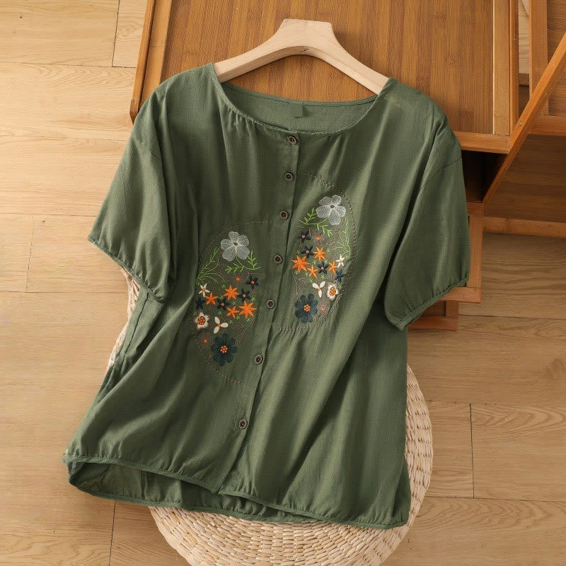 Buddha Stones Vintage Asymmetrical Embroidery Flower Plant Pattern Women's Cotton Linen Short Sleeve Jacket Shirt - DarkGreen - US14,UK/AU18,EU46 (2XL) - image 0