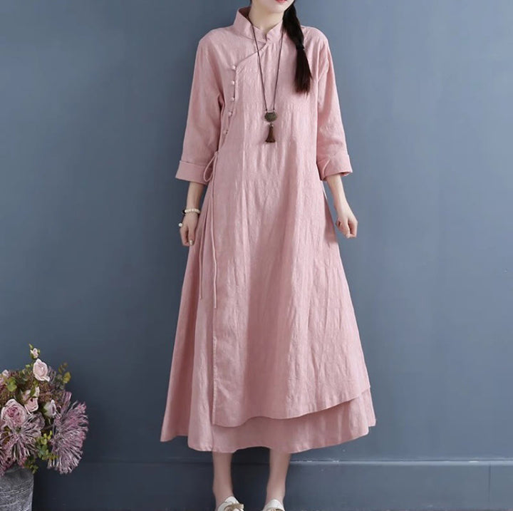 Buddha Stones Spring Casual Plain Frog-Button Design Side Lace-Up Cotton Linen Midi Dress - LightPink - US8-10,UK/AU12-14,EU40-42 (2XL) - image 15